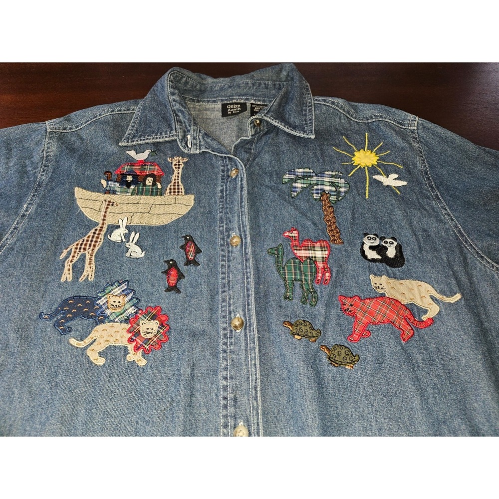 Quizz Again Button Up Womens Blue Denim Noah's Ark Long Sleeve L 100% Cotton